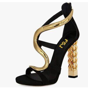 FSJ Gold S Gold Metal Chain Chunky High Heels Ankle Strap Sandals Open Toe Shoes